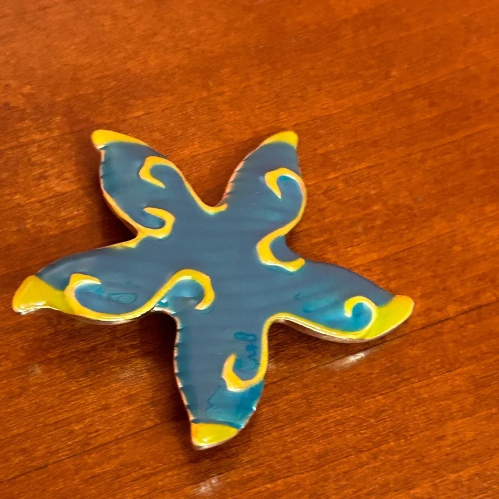 Vintage MJ Signed Blue Green Starfish Pin Brooch Jewelry Beach Cruisewear Resort